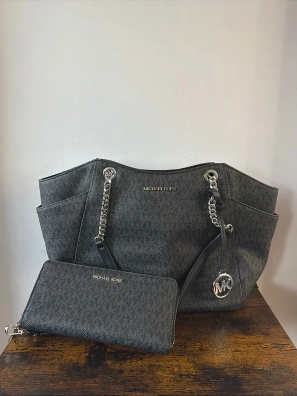 Michael Kors Charcoal Monogram Shoulder Tote with Wallet